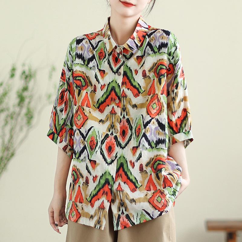 Летняя тонкая хлопковая льняная рубашка, винтажные шикарные свободные повседневные рубашки с рукавами три четверти, женские топы на пуговицах с лацканами