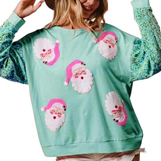 Женская рождественская толстовка с пайетками и мультяшным узором, круглый вырез, длинный рукав, свободный пуловер средней длины