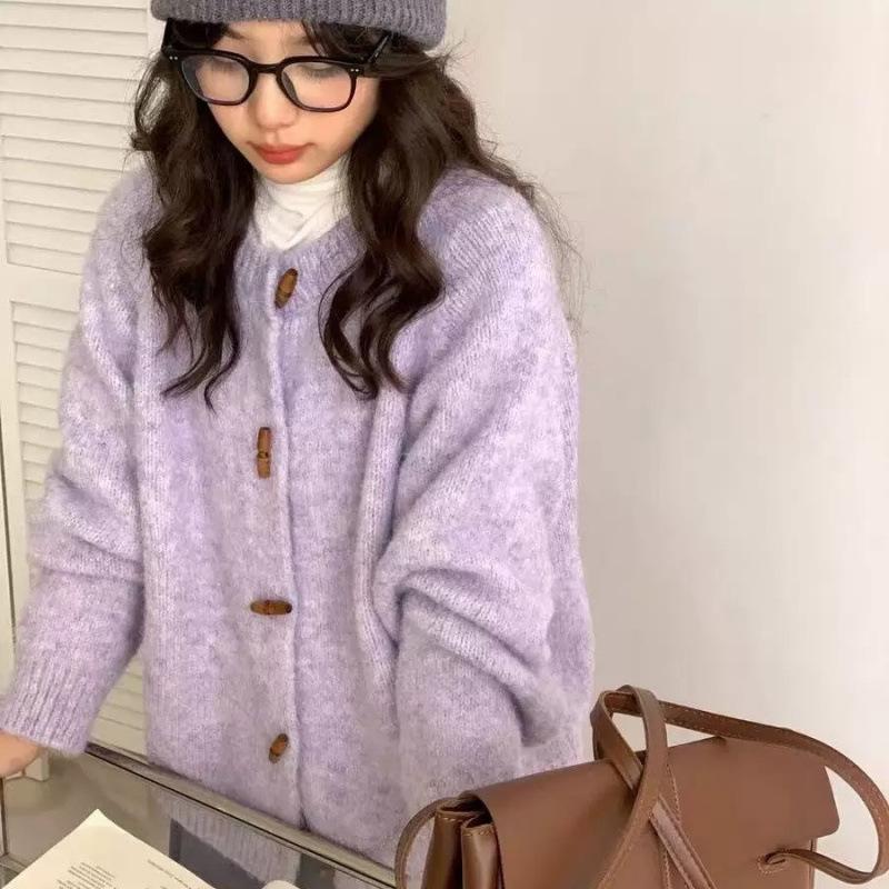 Мягкий вязаный кардиган с круглым вырезом и пуговицами-рожками для женщин, осенне-зимний, свободного кроя, универсальное пальто-свитер