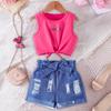 Girls Fashion Printed Vest Set Summer Suitable for 1-8 Years Old Children Leisure Outdoor Sports Set