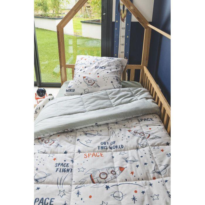 Couette imprimée + taie d'oreiller Réversible "Barbotine/California//Galaxie/Lola" pour lit 1 place l'Effet Papillon - Blanc
