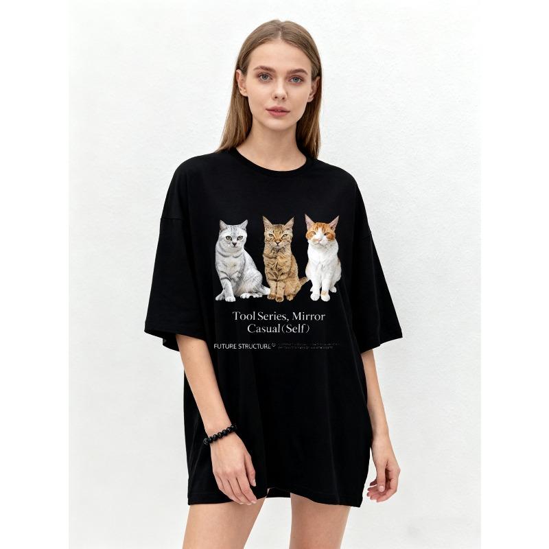 Oversized T Shirt Black Three Cats Print Tool Series Mirror Casual Self Text Graphic Tee Women Casual Wear Streetwear Fashion