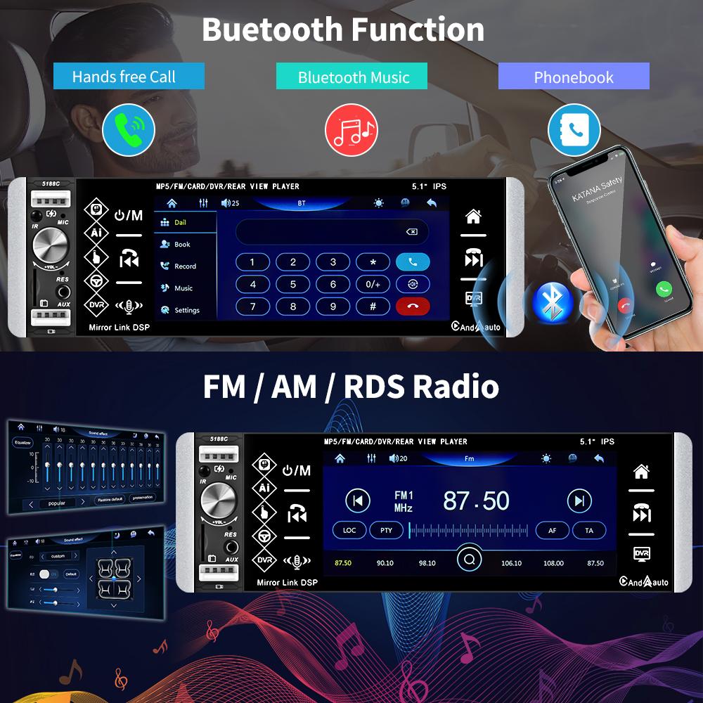 Hikity 1 Din 5,1-дюймовый сенсорный экран Автомобильный MP5-плеер AI Voice Carplay/Android Auto Deep Bass Bluetooth FM Руль AUX USB SD Media Вид сзади
