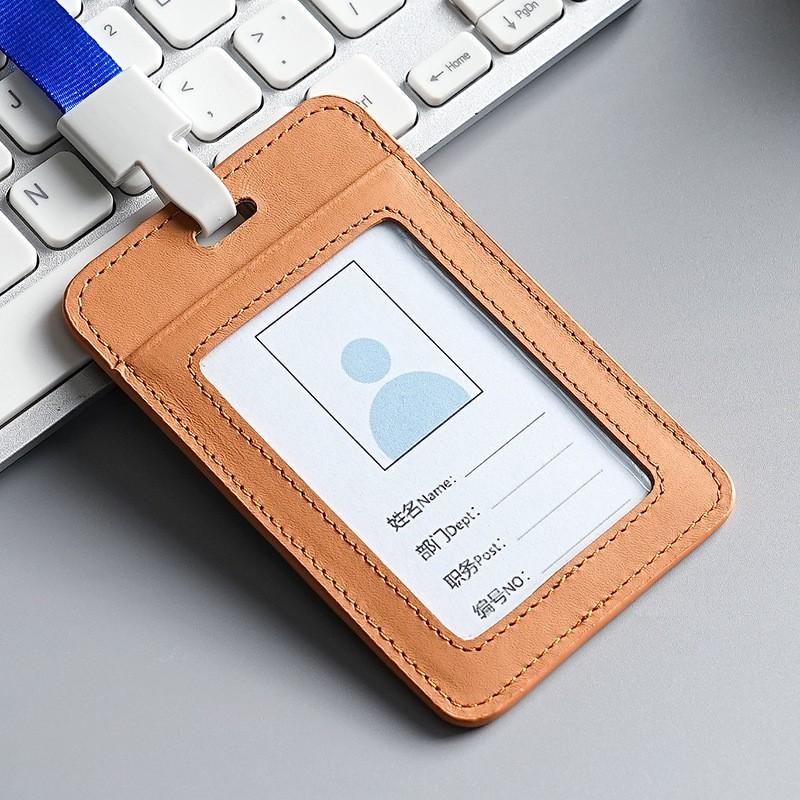 Genuine Leather ID Badge Holder Neck Lanyard Case Employee Staff Card Student Campus Pass Transit