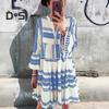 Women's Summer Pleated Short Dress Ruffled 3/4 Sleeve V Neck Button Up Mini Dress Boho Loose Flowy Beach Sundress