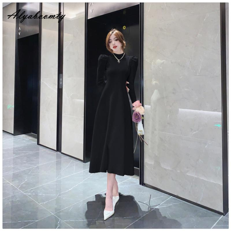 Французский стиль, осенне-зимнее женское платье-свитер миди, с половиной воротником, черное, серое, кофейное, вязаное платье, элегантное женственное трикотажное платье