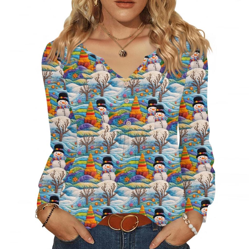 Женская модная повседневная блузка с V-образным вырезом на пуговицах с рождественским принтом, пуловер с длинными рукавами, футболка, топ