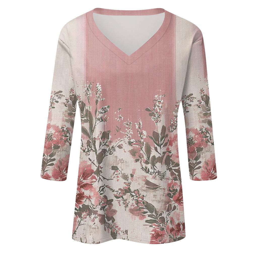 Женская футболка Футболка с принтом Рукав 3/4 Повседневные Выходные Мода Классический V-образный вырез Обычный Топ