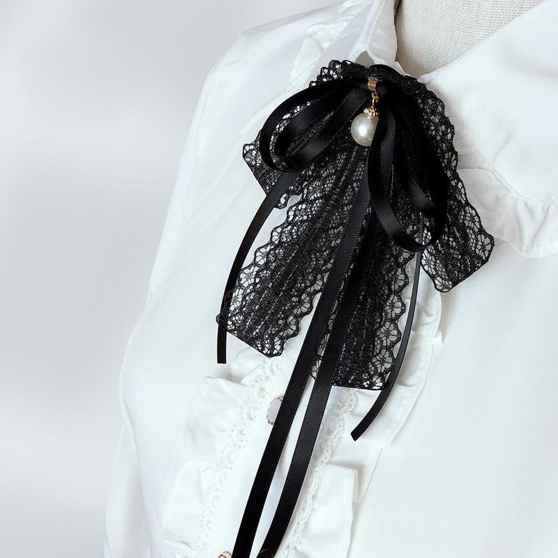 Fashion Black Lace Ribbon Bow Tie Pearl Pendant Brooch Women Shirt Collar Clothes Necktie Decoration Accessories