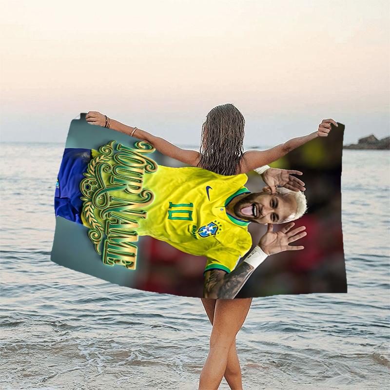 1pc Brazilian football player Beach Towel with Custom Name, Beach and Seaside Swimming Pool Equipment, Fashion Pattern, Rectangular, Travel Essential