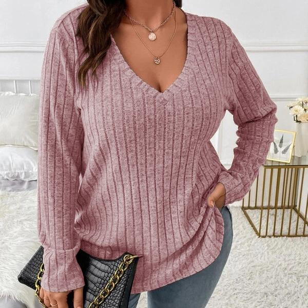 GMXIA Осень-зима, однотонный женский топ больших размеров с v-образным вырезом и длинными рукавами, шерстяная футболка в полоску, свободный чехол