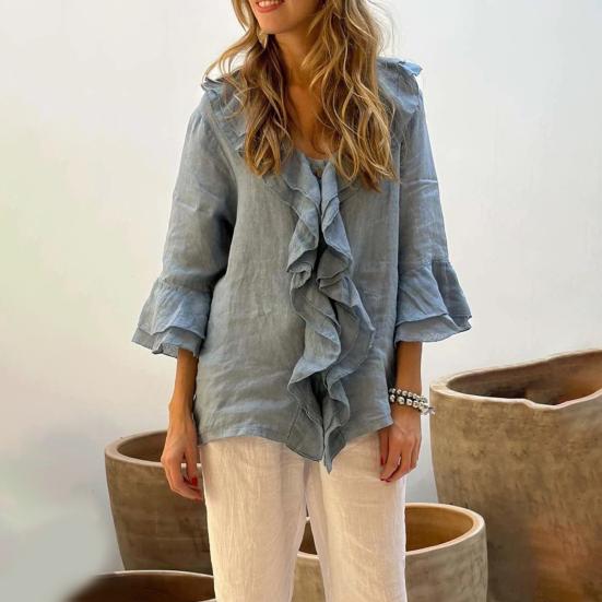 Women Shirt V-Neck 45355 Flying Sleeve Ruffle Stitching Design Solid Color Pullover Tops Loose Fit Casual