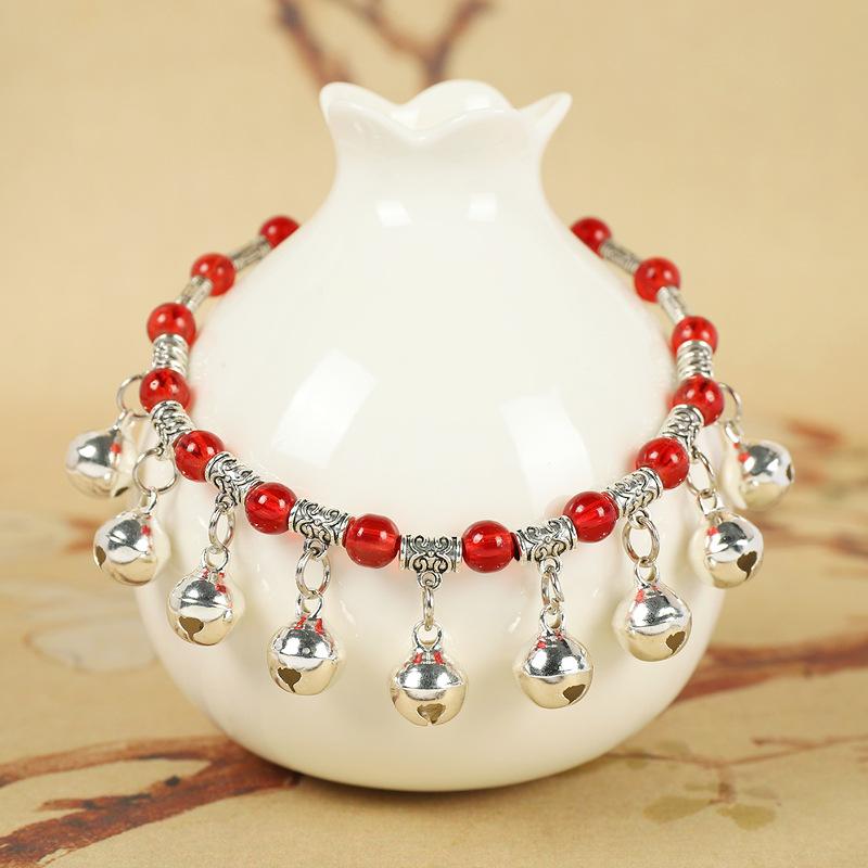 New Red Rope Woven Nine Bells Crystal Anklet Will Ring Women's High-end Temperament Retro Hidden Silver Foot Chain