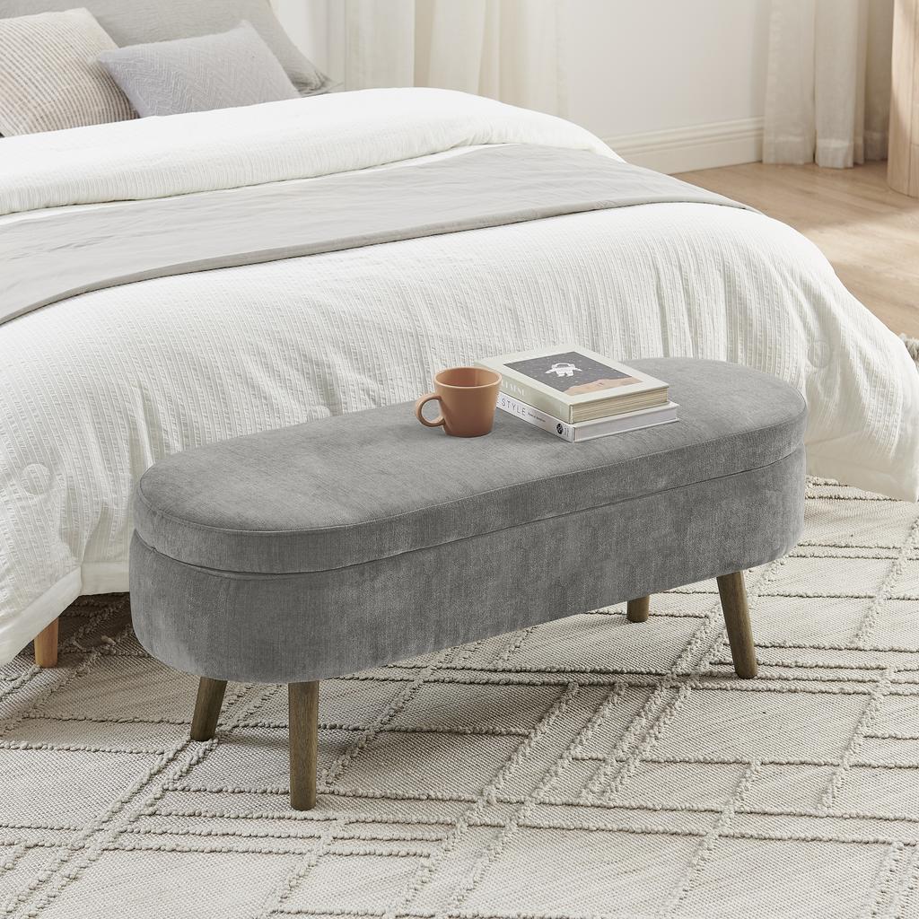 Multifunctional Bench, Soft Chenille, Wood Legs, Wood Frame, 20L Storage Space, 110x40x42cm, for Bedroom, Living Room, Shoe Bench, Hallway, Dark Gray