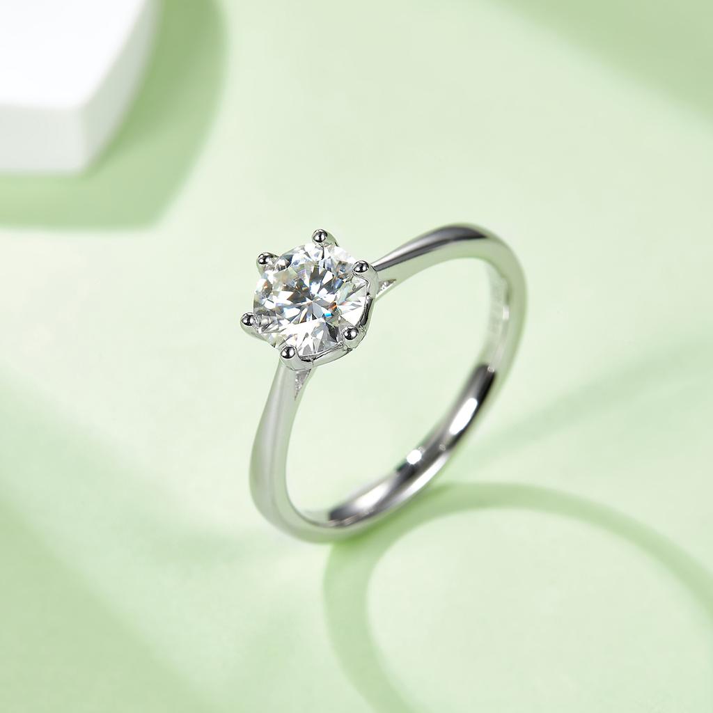 Straight Shank New 6-Prong S925 Sterling Silver Rhodium Plated 1CT D Color Moissanite Classic Engagement Ladies Ring GRA