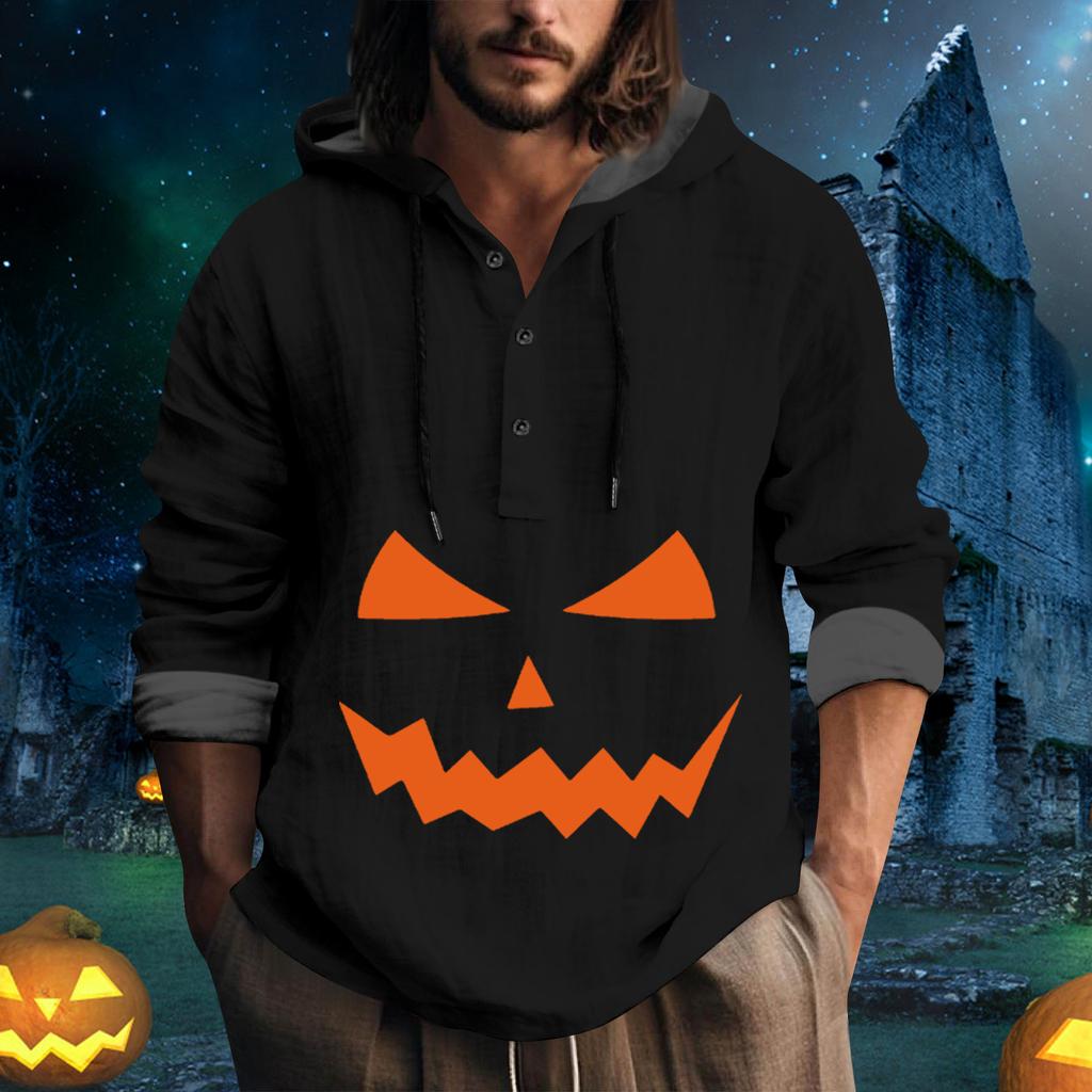 Halloween Printed Hooded Men's Oversized Drawstring Button Hoodie