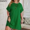 Women's Fashion Summer Spring Solid Color Print Short Sleeve O-Neck Loose Waistline Casual Dresses