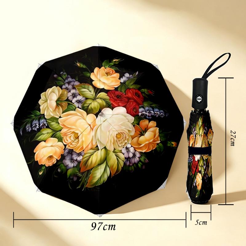 Floral Bouquet 8 Ribs 3Fold Black Glue Uv Protection Umbrella Sun Protection Rainproof Compact Folding Umbrella For Travel Daily Use C9241218