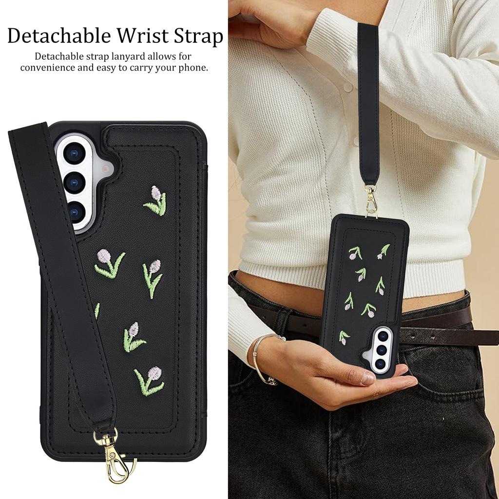 Чехол для Samsung Galaxy A55 5G, вышитые тюльпаны, ПУ кожа, держатель для карт, задняя крышка с плечевым ремнем/ремешком на запястье