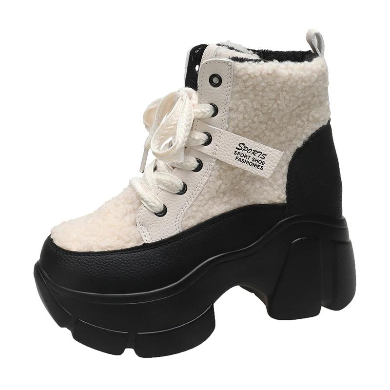 Ботинки на шнуровке с толстой подошвой и высоким каблуком из плюша и хлопка для женщин, зимние теплые, удобные, модные, увеличивающие рост, спортивная обувь