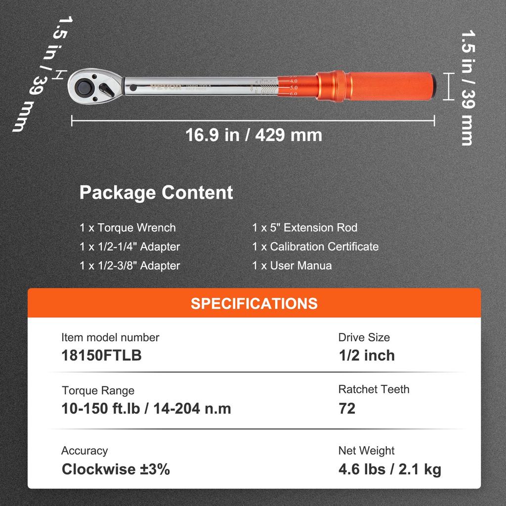 VEVOR Torque Wrench, 1.3 cm Drive Click Torque Wrench 10-150ft.lb/14-204n.m, Dual-Direction Adjustable Torque Wrench Set