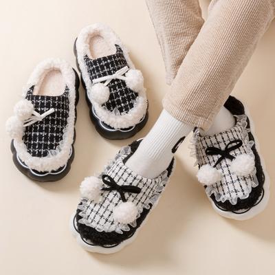 Бархатные тапочки с бантом в стиле принцессы, осенне-зимние домашние милые домашние на толстой подошве, новые комнатные противоскользящие страховка