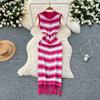 Summer Women Sleeveless Striped Knitted Tassel Slim Bodycon Sheath Sweater Dresses
