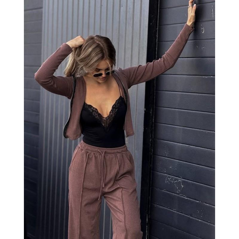 Womens Solid Color Long Sleeve Zip-Up Cardigan With Drawstring Waist Casual Pants 2-Piece Set