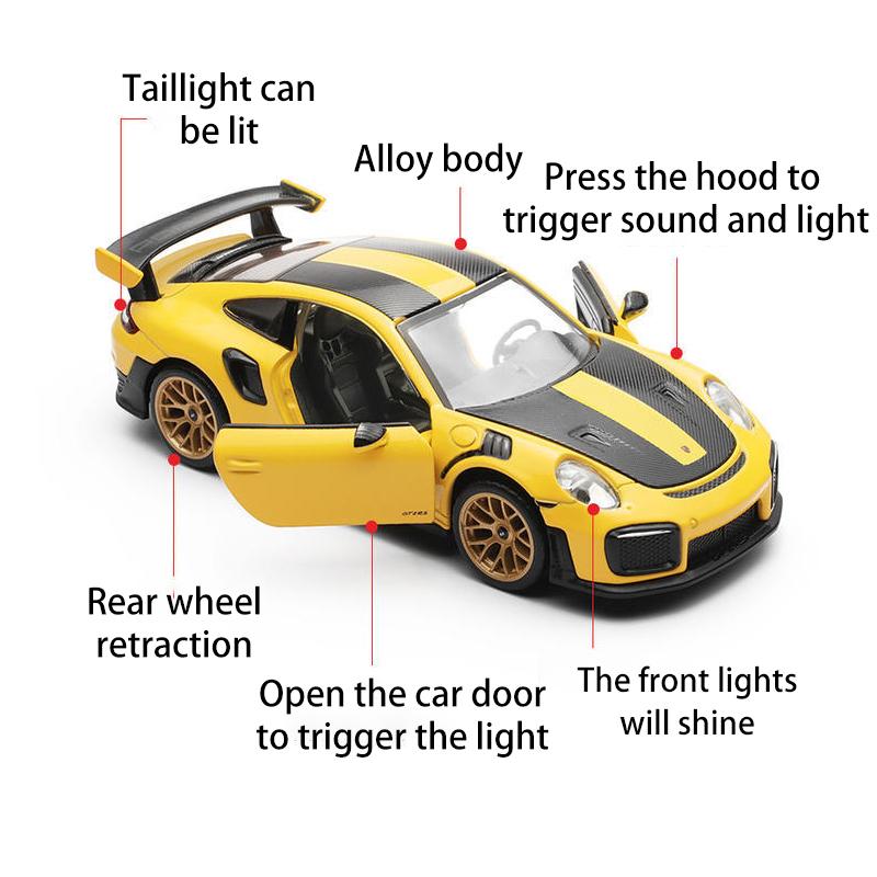 1/32 Scale 911 GT2 RS Diecast Car Model Toy, Pull Back Toy Vehicle with Sound and Light for Kids Toddler Boys Girls Gift Collection