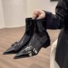 Французские остроносые короткие ботильоны на толстом высоком каблуке женские 2025 новый темперамент молния сбоку модные эластичные тонкие ботинки