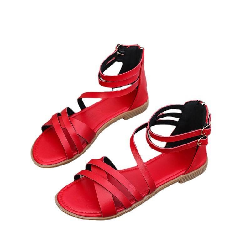 Плоская подошва тонкий и толстый крест с сандалиями женские 2025 новые внешнеторговые большой размер повседневные простые пляжные римские сандалии