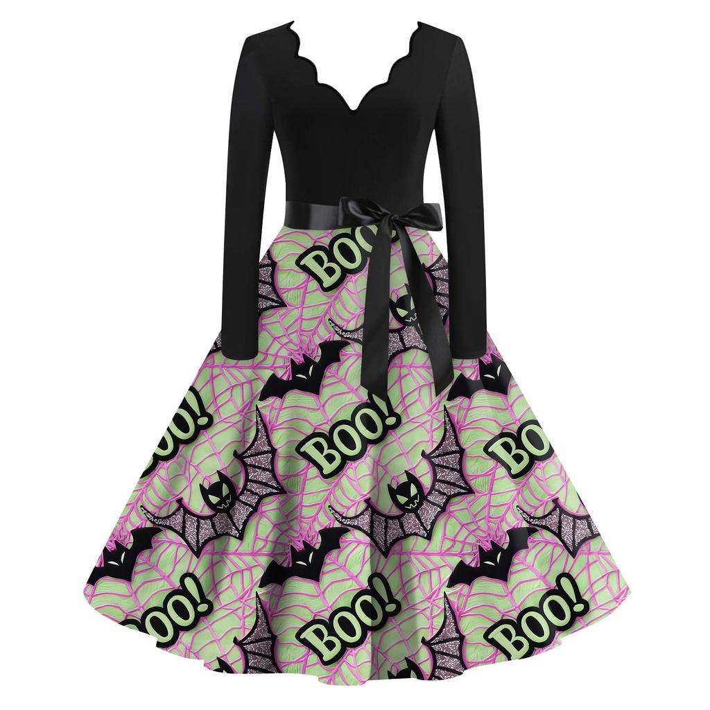 Женская повседневная мода с длинным рукавом Хэллоуин принт винтажные длинные платья осень