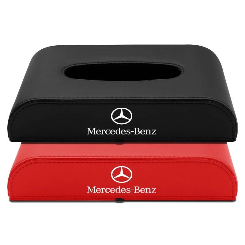 IJZN6 1PC PU Leather Car Tissue Box Hanging Ford Badge Paper Towel Bag Storage Stickers For Mercedes Benz A B C E S AMG CLA CLK GLA