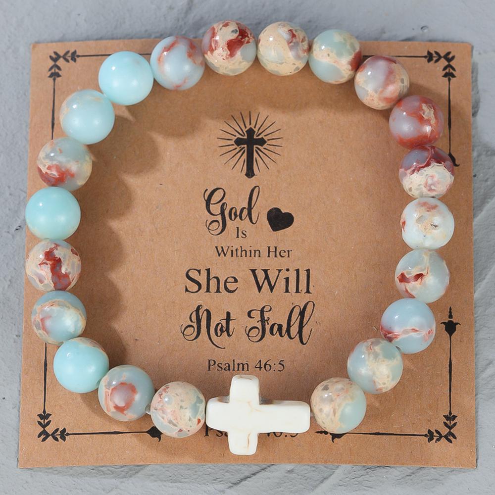 Религиозный крестовый браслет для женщин и мужчин, натуральный камень, эластичный браслет из бисера, молитвенный браслет с карточкой