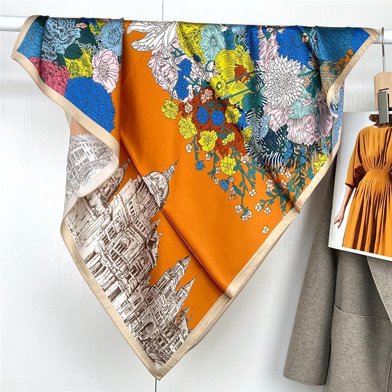 88*88cm 100% Mulberry Silk Retro Floral Garden Oil Painting Pattern Square Scarf Thin Sunblock Beach Towel Shawl Neckerchief
