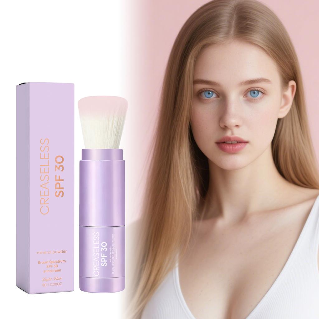 Mineral sunscreen setting powder, broad-spectrum UVA/UVB protection, gentle and hypoallergenic, comes with a built-in brush