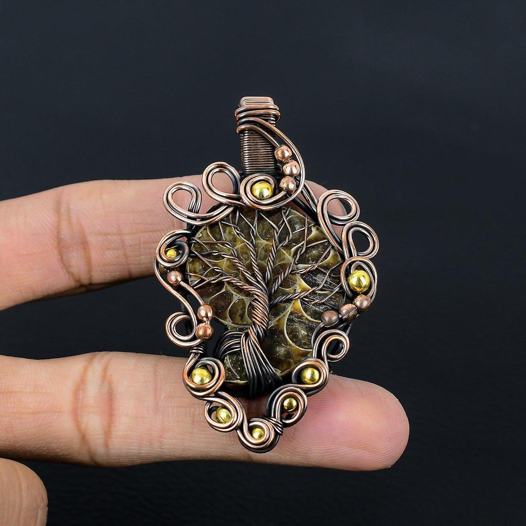 Tree Of Life Ammonite Fossil Gemstone Handmade Copper Wire Wrap Jewelry Pendant