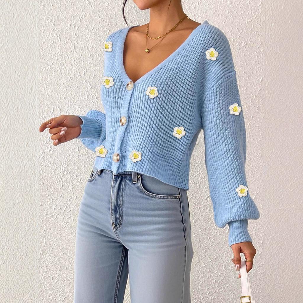 Свободный кардиган с длинными рукавами, с трехмерной цветочной вставкой, связанной крючком вручную, короткое пальто для женщин