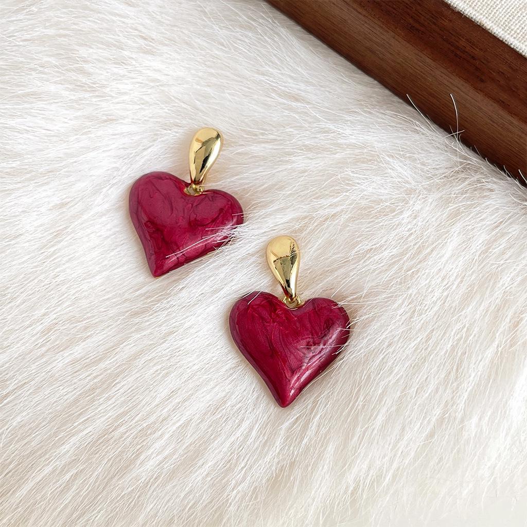 French Vintage Red Geometric Earrings: Retro Style, High-End Luxury Drip Glaze, Unique Niche Design