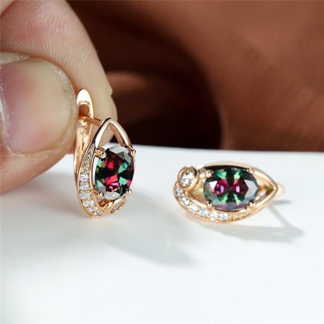 Mystic Rainbow Crystal Oval Stone Earrings Charm Rose Gold Color Wedding Earrings Cute Multicolor Zircon Hoop Earrings For Women