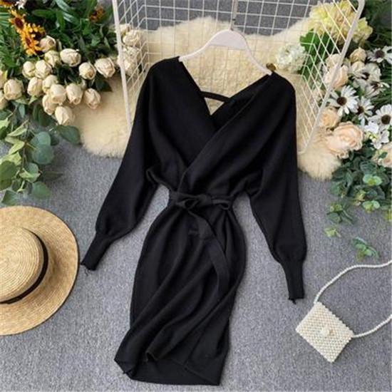 Stylish New Autumn Winter Bag Hip Sweater Dress Female Chic V-neck Bandage Dresses Sexy Women