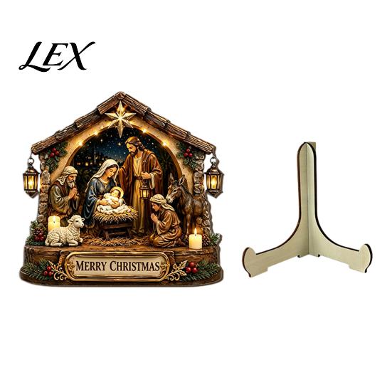 Holiday Home Tabletop Accents Nativity Scene Wooden Sign, Christmas Manger Holy Family Figurine Decor, Traditional Table Centerpiece Religious