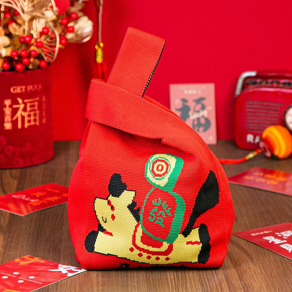 Год Лошади Красный Узел Сумка на Запястье Мультяшный Талисман Пони Вязаная Конфетная Сумка-Тоут Многоразовая Сумка для Покупок Подарочная Упаковочная Сумка