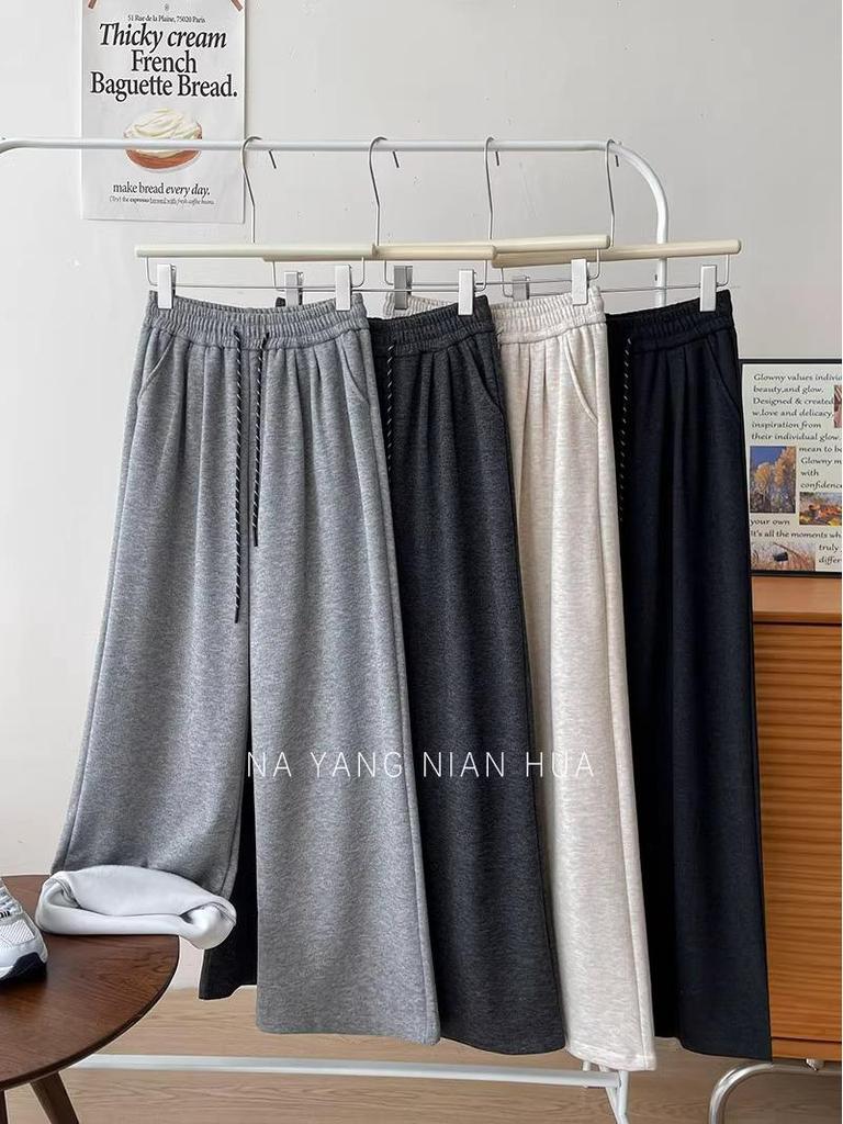 Petite Fleece-Lined Slimming Straight-Leg Pants for Women - Autumn/Winter Elastic Waist Casual Versatile Style