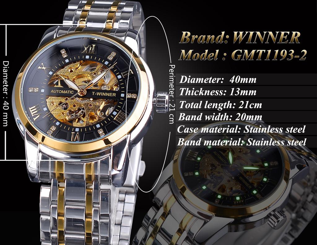 WINNER Часы мужские автоматические механические с бриллиантовым циферблатом из нержавеющей стали со скелетонизированным механизмом и светящейся стрелкой SLZg108