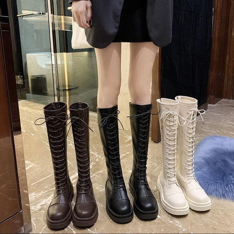 Knight Boots Flat Boots Women's 2021 New Autumn and Winter Tall Thick-soled Black Strap But Knee Boots Tide