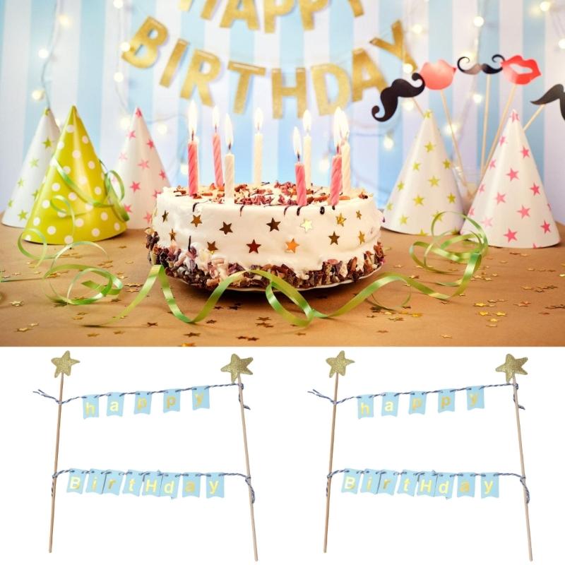 10 Set Happy Birthday Cake Decorations Glittering Glittering Star Cake Toppers Bunting Flag Banners for Boys Girls Party