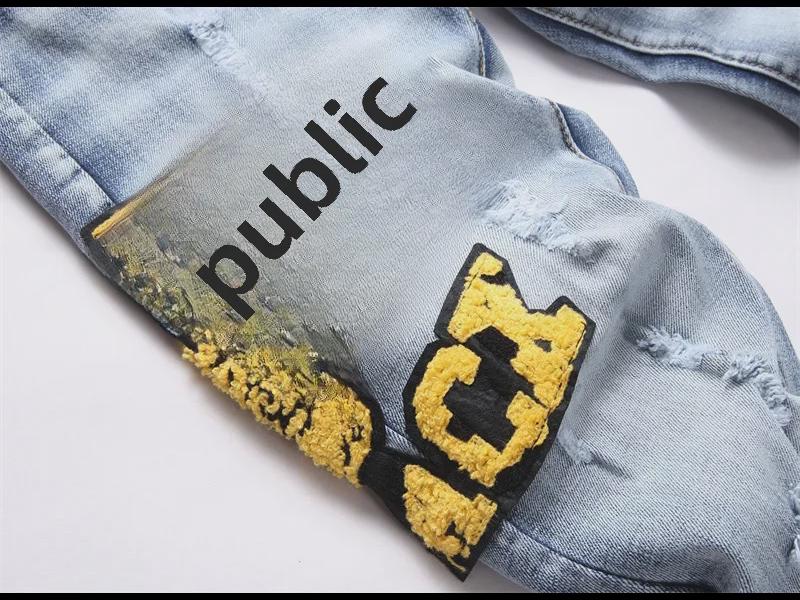 Men's Washed Blue Embroidered Patch Straight Jeans