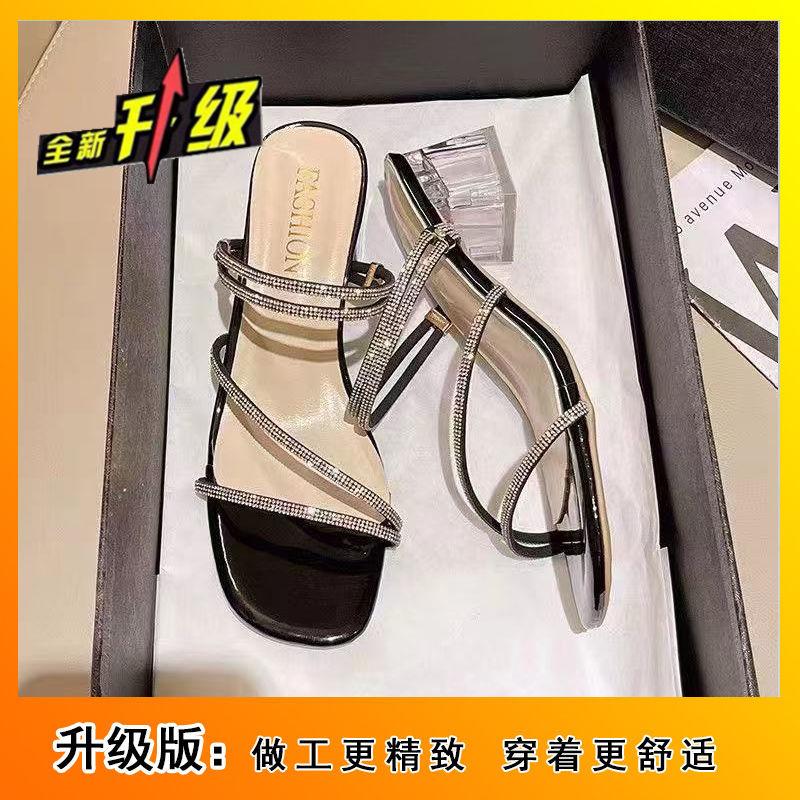 Летняя одежда 2025 года, популярные французские тапочки со стразами, женские туфли на среднем каблуке, юбка в стиле феи на высоком каблуке, универсальные босоножки на низком каблуке