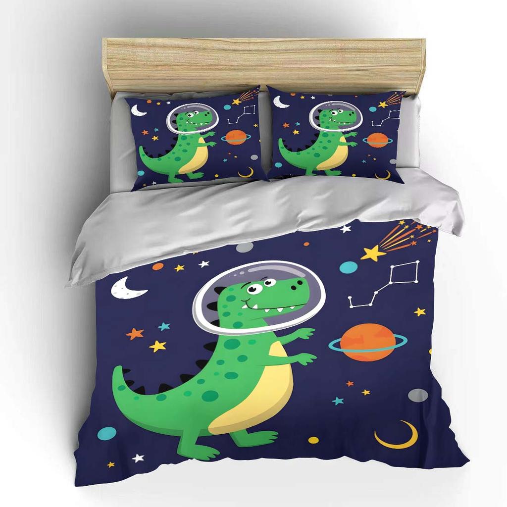 Dinosaur Space Adventure Pattern Duvet Cover Set Digital Print Colorful Polyester Bedding With Zipper Closur For Kids Gifts